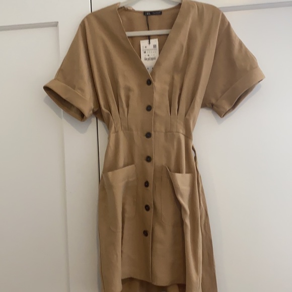 SOLD NWT Zara Tan Mini Belted Button Up Dress - Picture 6 of 6